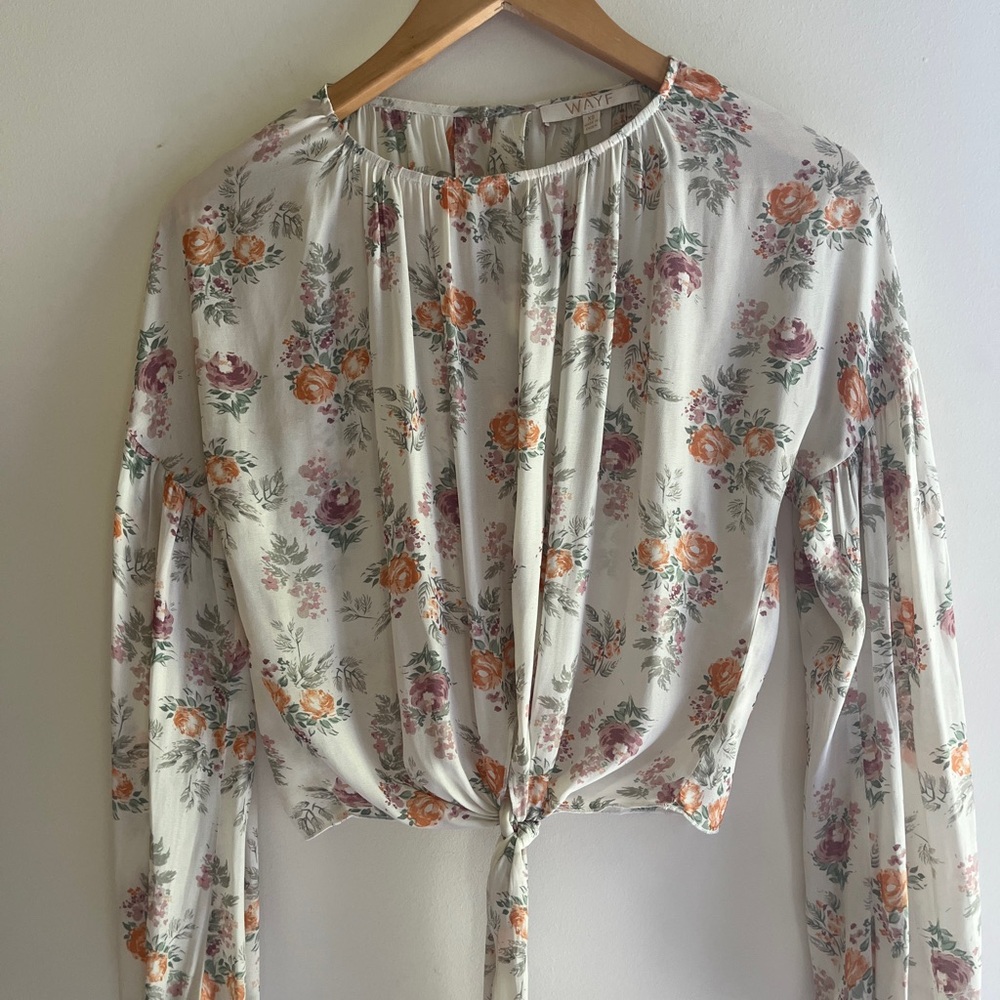 Wayf White Long Sleeve Tie Front Blouse